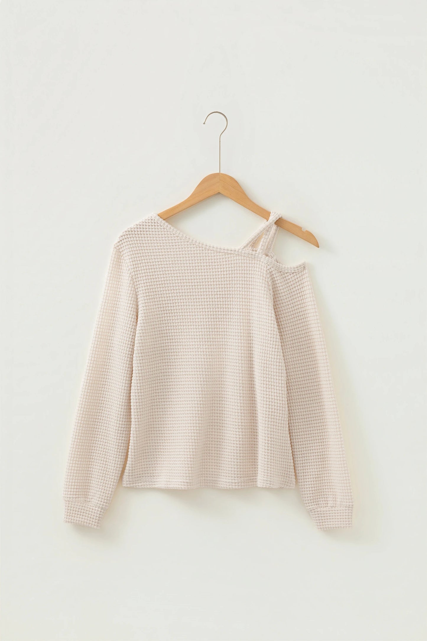 Jet Stream Solid Color Textured Knit Asymmetric Shoulder Long Sleeve Top
