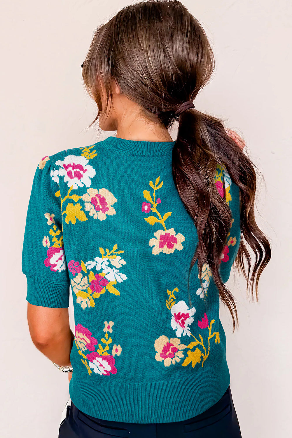 Blue Flower Pattern Mock Neck Short Sleeve Knitted T Shirt