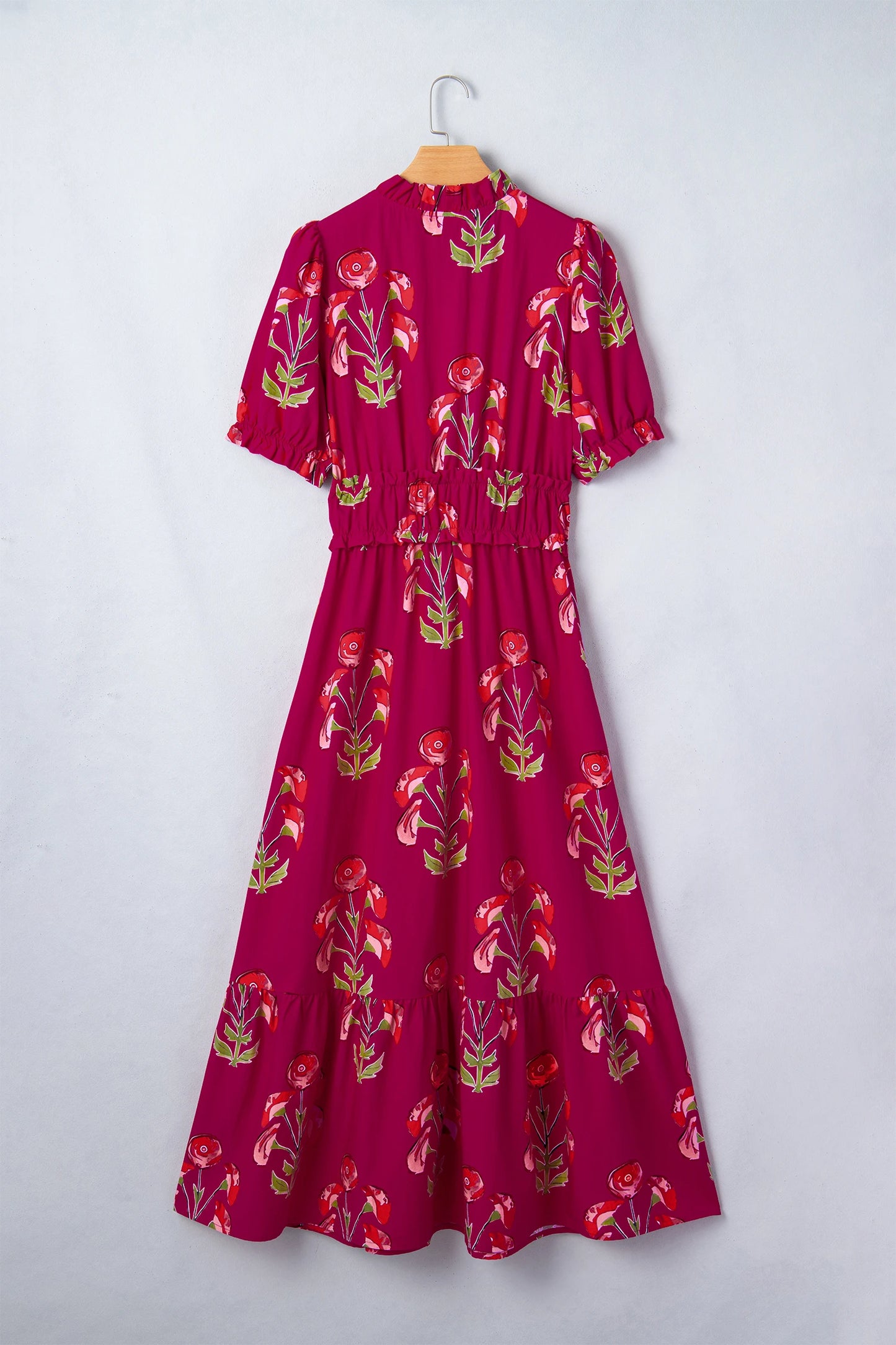 Red Floral Print Frilled V Neck Short Sleeve Ruffle Maxi Dress