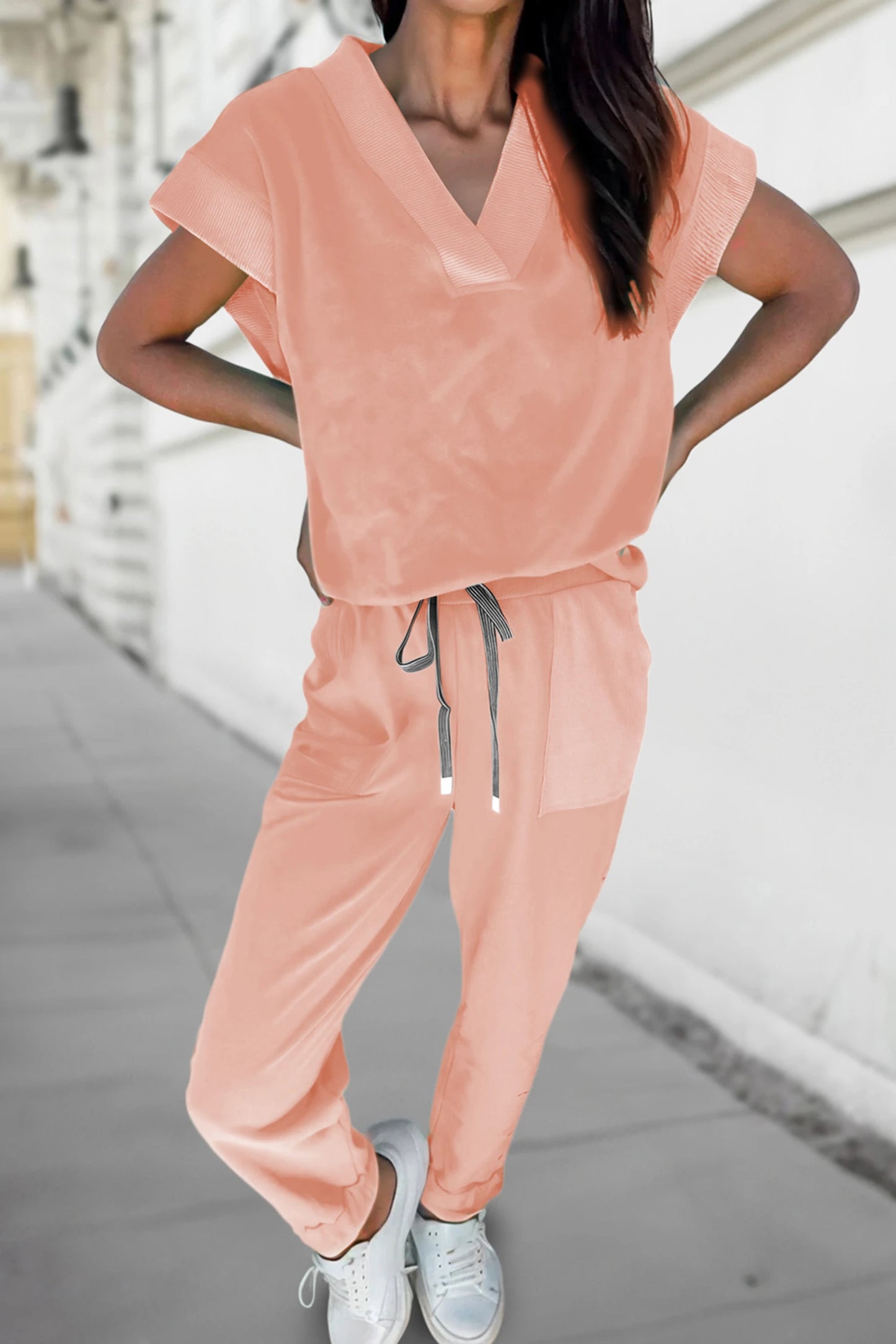Solid Color V Neck Tee Drawstring Pant Set