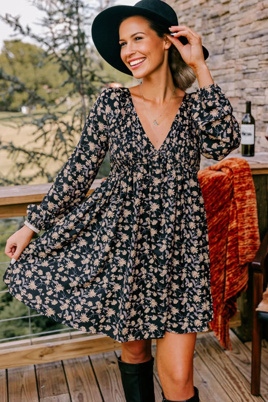 Black Floral Deep V Neck Smocked Bust Bubble Sleeve Babydoll Dress