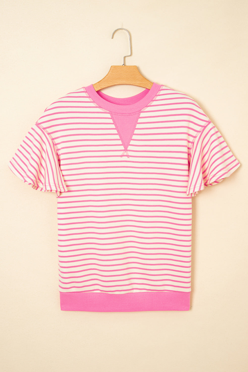 Contrast Detail Striped Ruffle Short Sleeve Top
