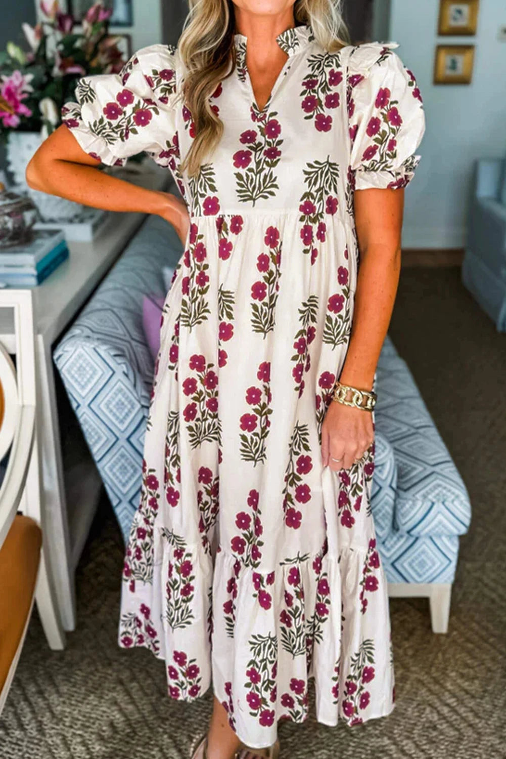 Beige Floral Short Bubble Sleeve Tiered Maxi Dress