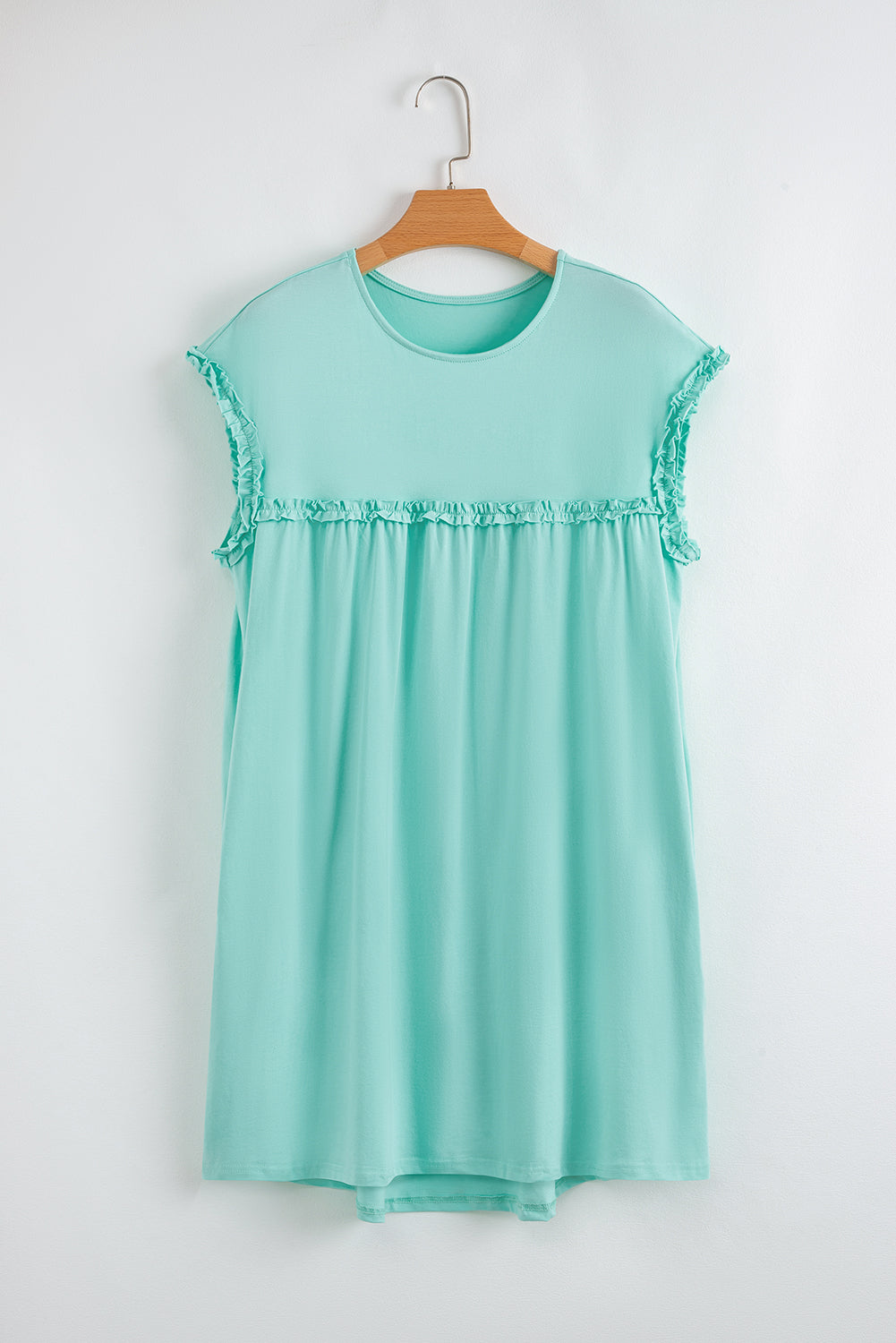 Frilled Trim Crew Neck Loose Fit Mini Dress