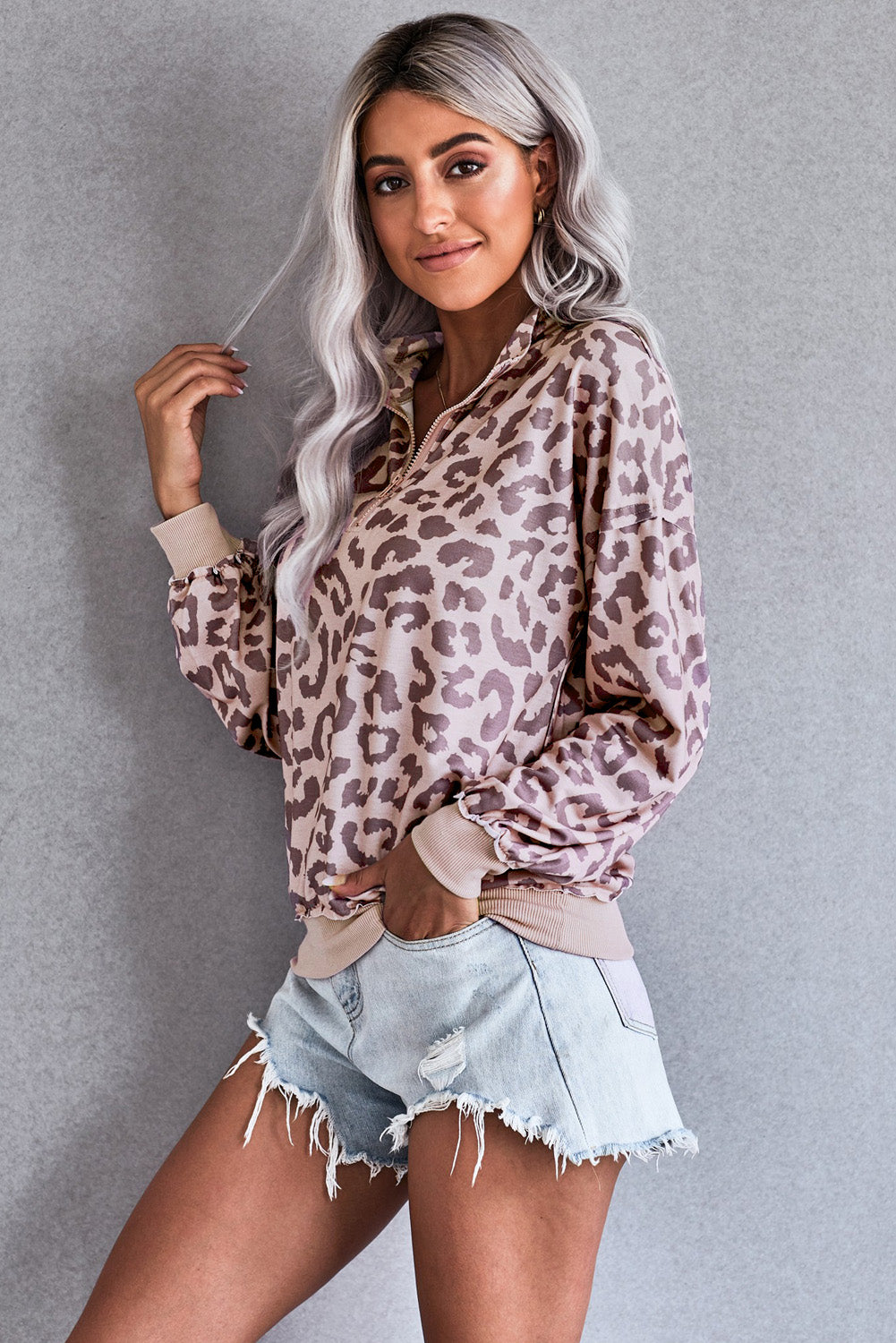 Pink Leopard Zipped Collar Sweatshirt