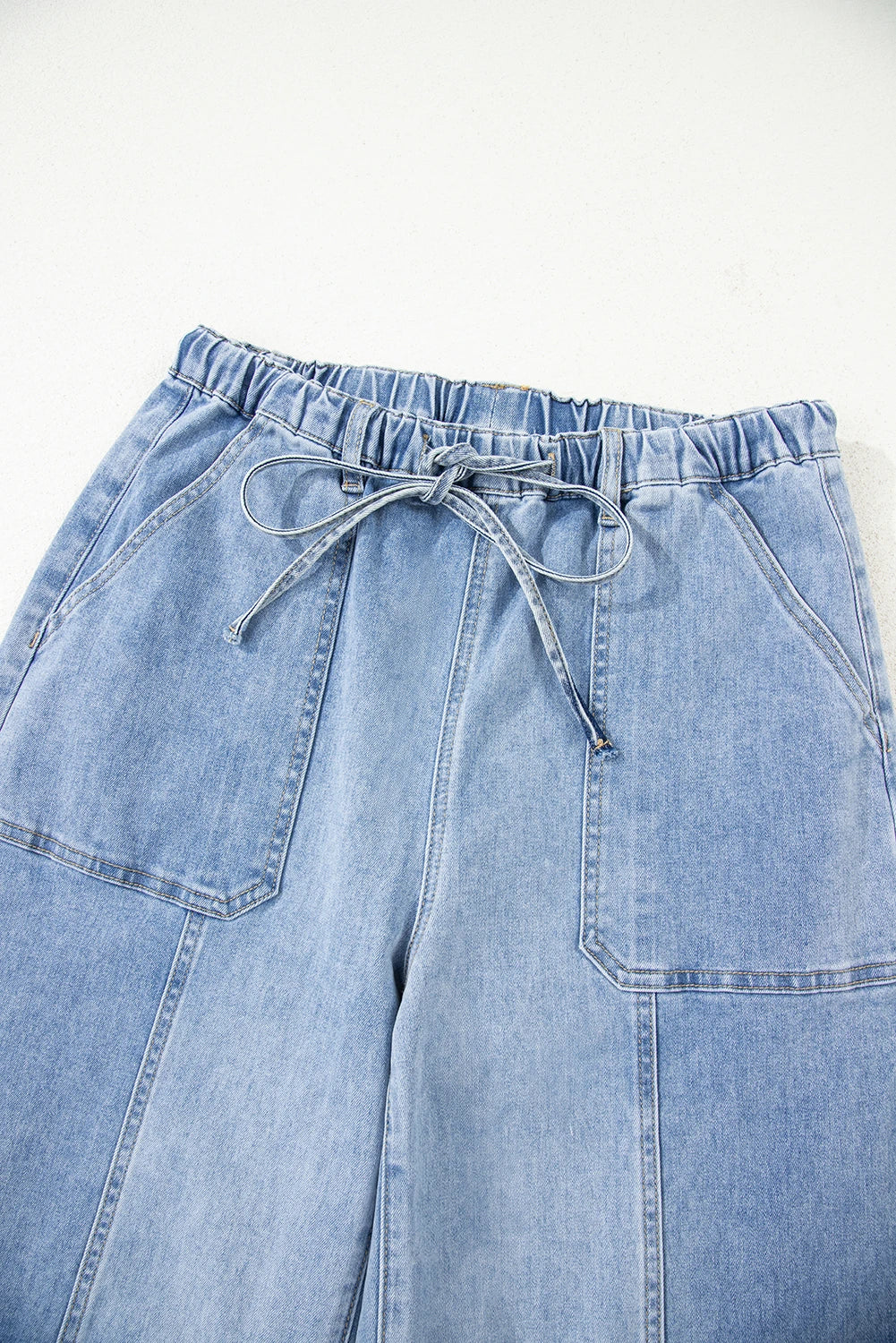 Drawstring Seam Detail Raw Hem Wide Leg Denim Pants