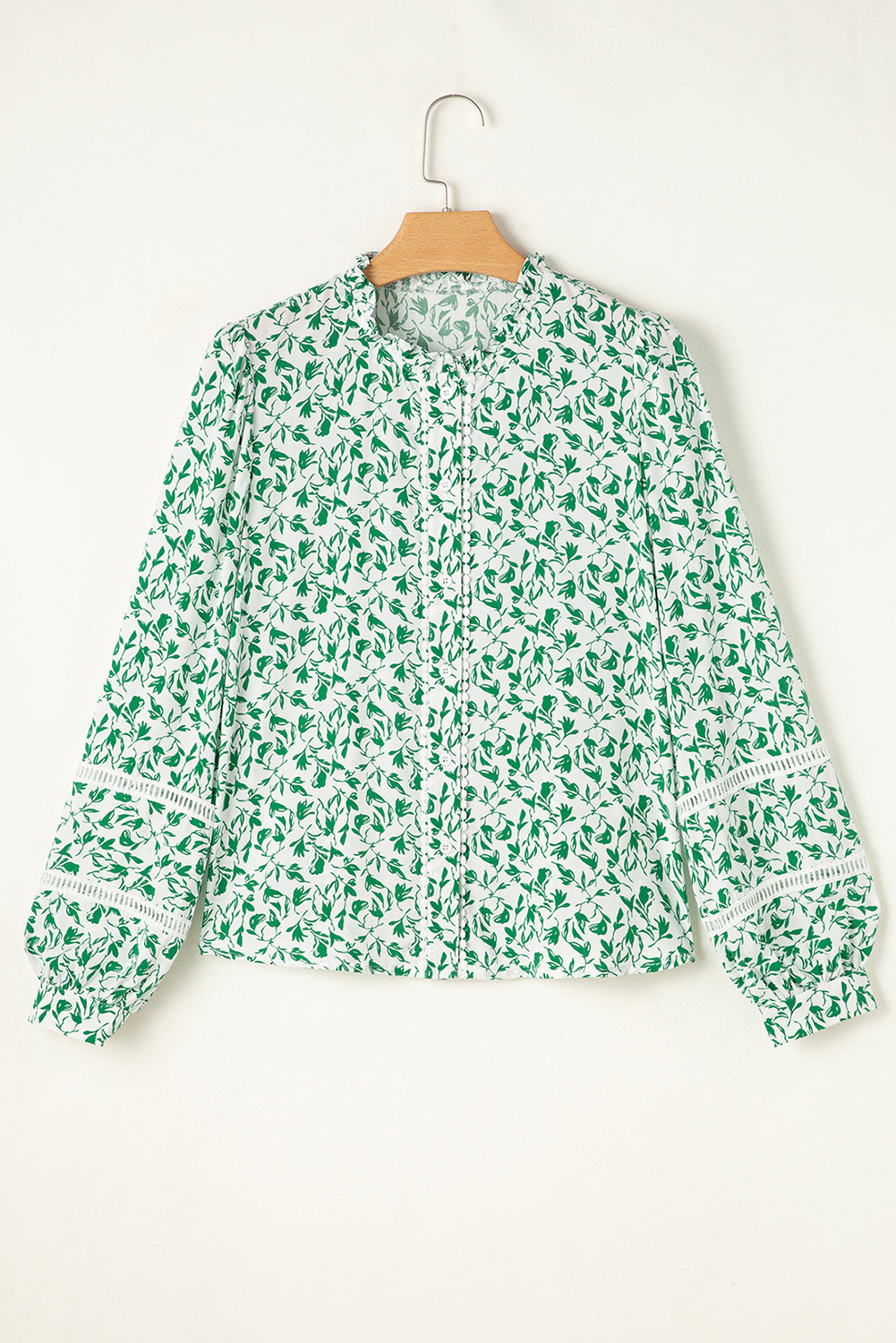 Printed Lace Detail Floral Puff Sleeve Fall Shirt