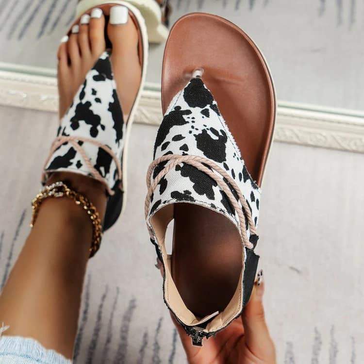 Cow Print Flip-Flops Hemp Rope Zipper Sandal
