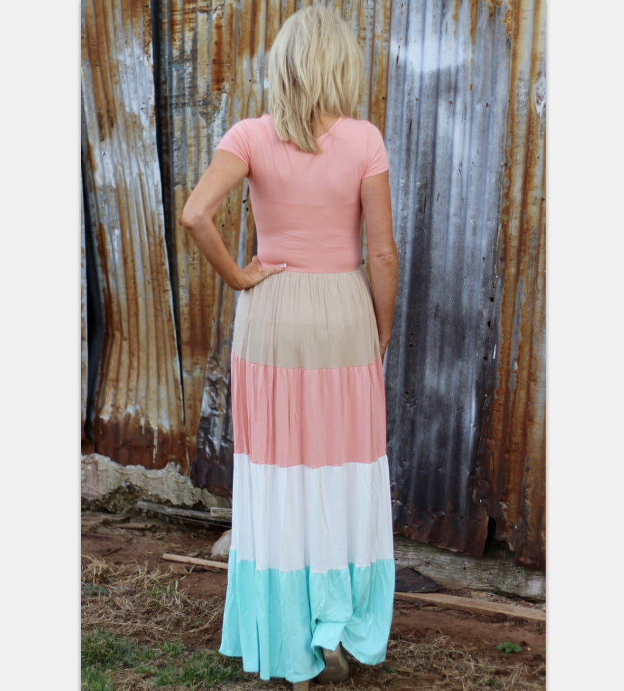 Short-sleeved solid color splicing women's dress