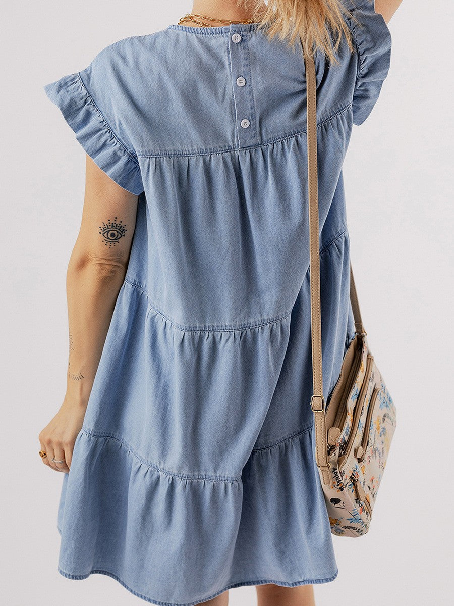 Beau Blue Ruffle Short Sleeve Tiered A-line Denim Dress