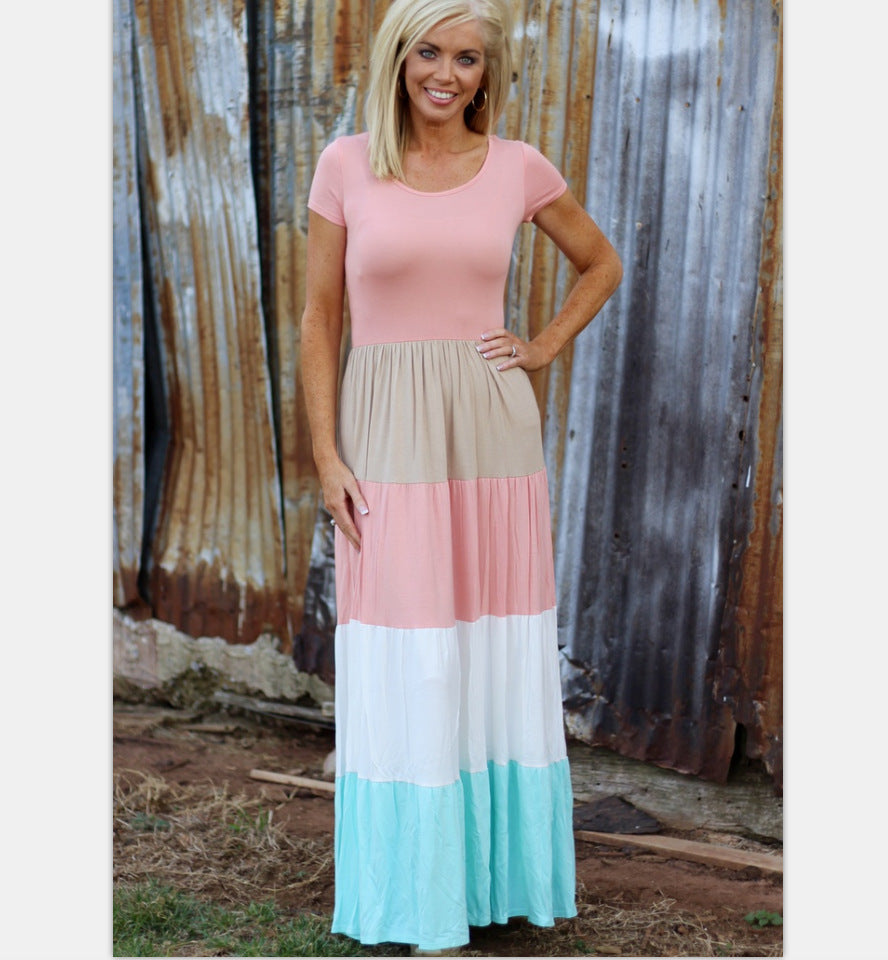 Short-sleeved solid color splicing women's dress