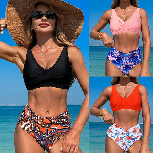 Solid Top and Pattern Bottom Bikini