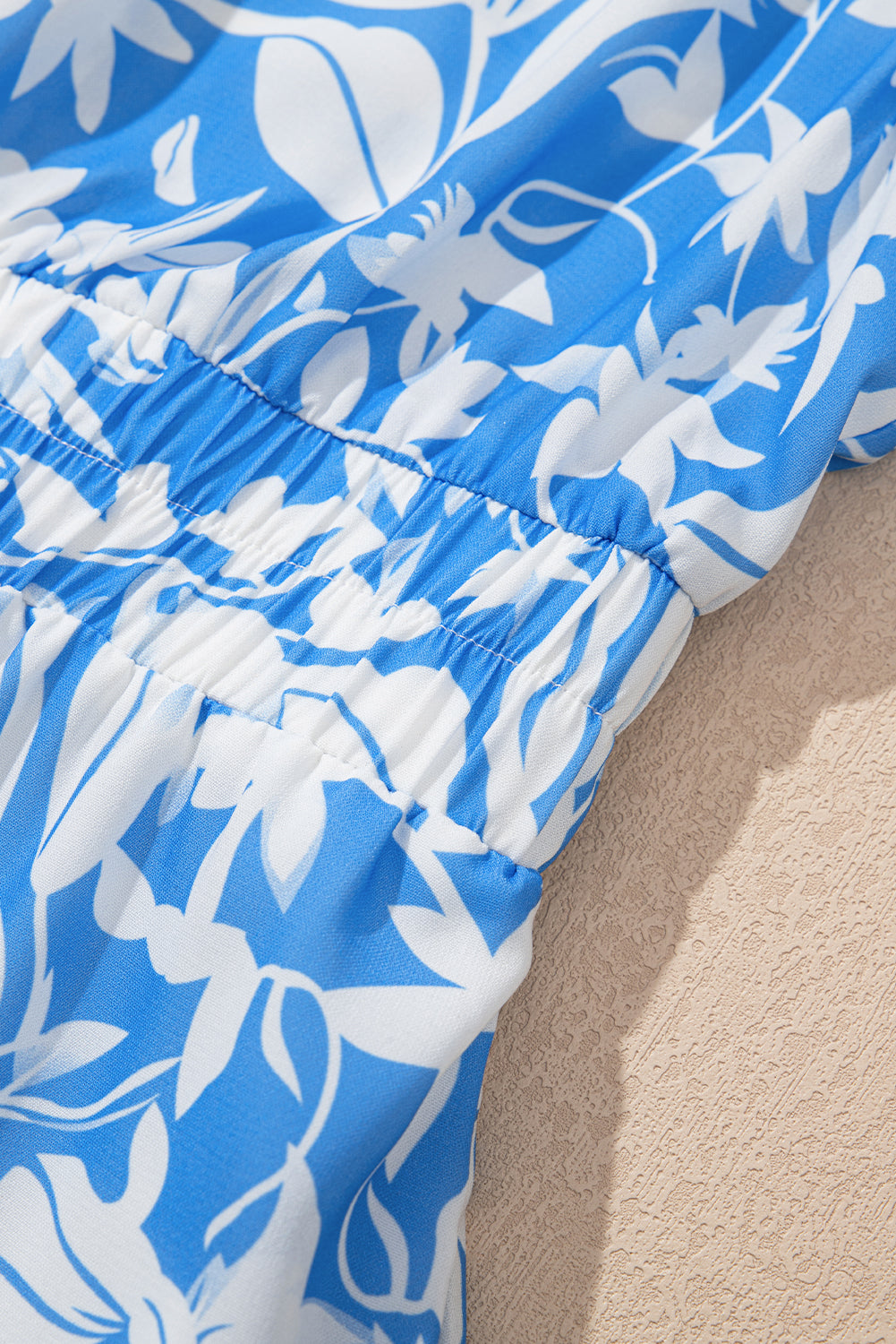 Sky Blue Floral V Neck Puff Short Sleeve Flowy Long Dress