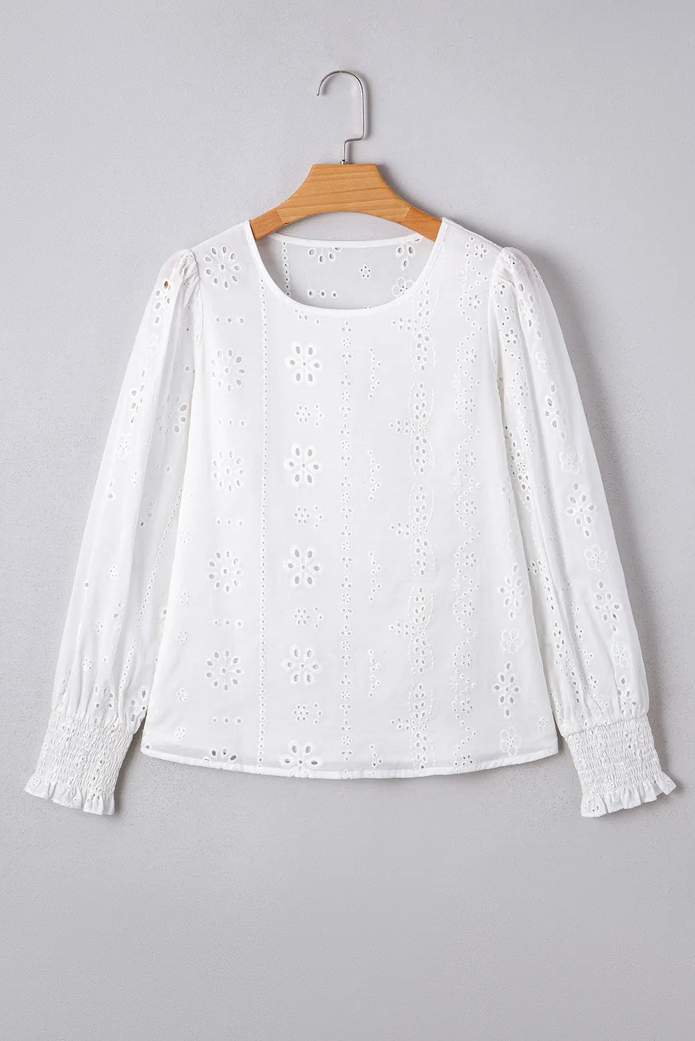 White Eyelet Embroidered Smocked Cuff Sheer Blouse