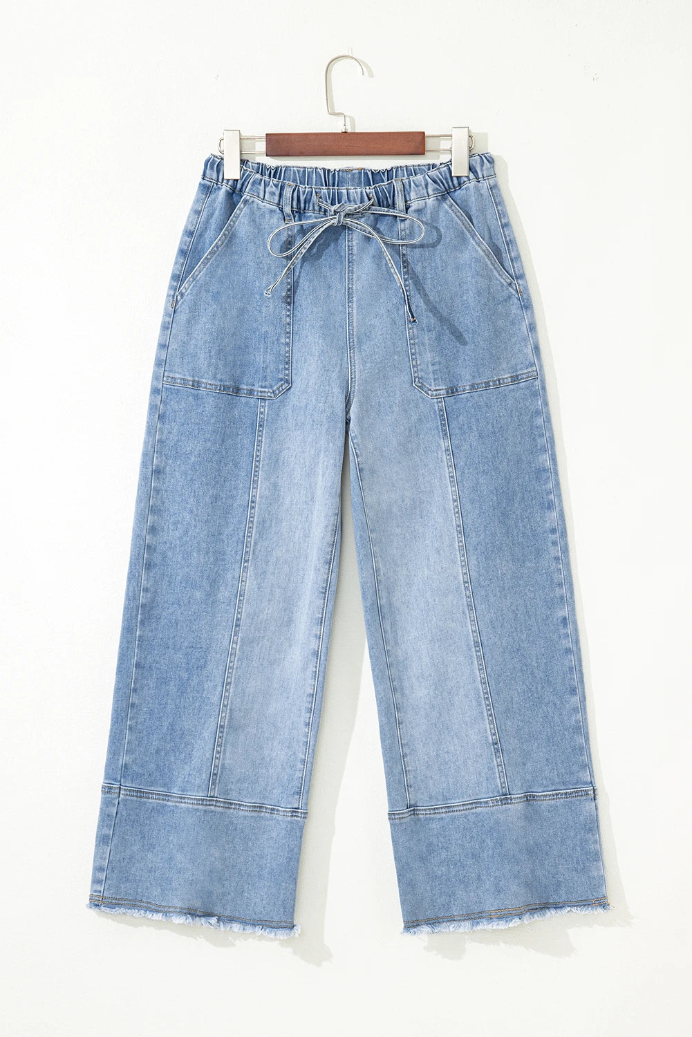 Drawstring Seam Detail Raw Hem Wide Leg Denim Pants