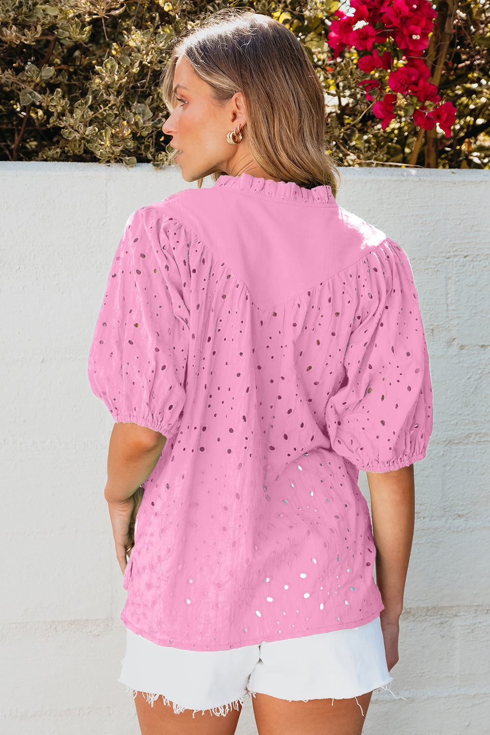 Flower Embroidered Hollow-out Puff Sleeve Blouse