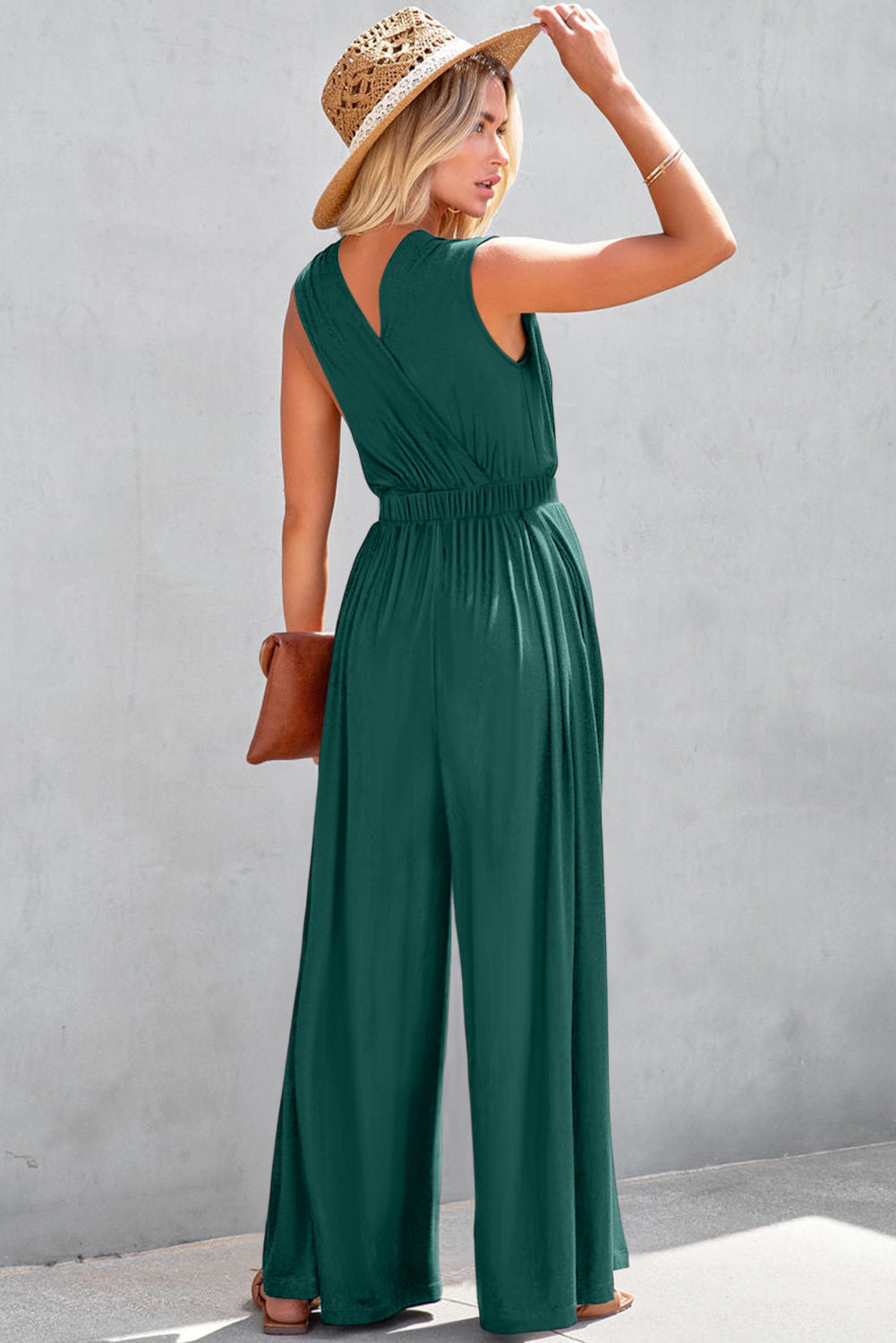 Deep V Pleated Crisscross Wide Leg Backless Jumpsuit