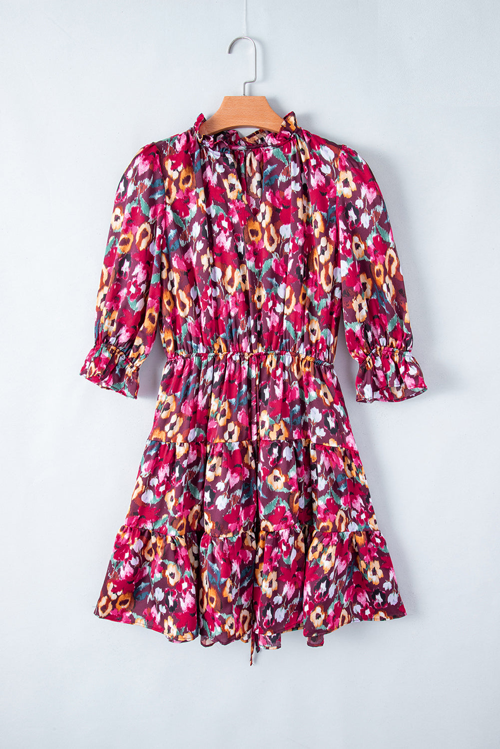 Rose Red Floral Print Tiered Ruffled Half Sleeve V Neck Dress