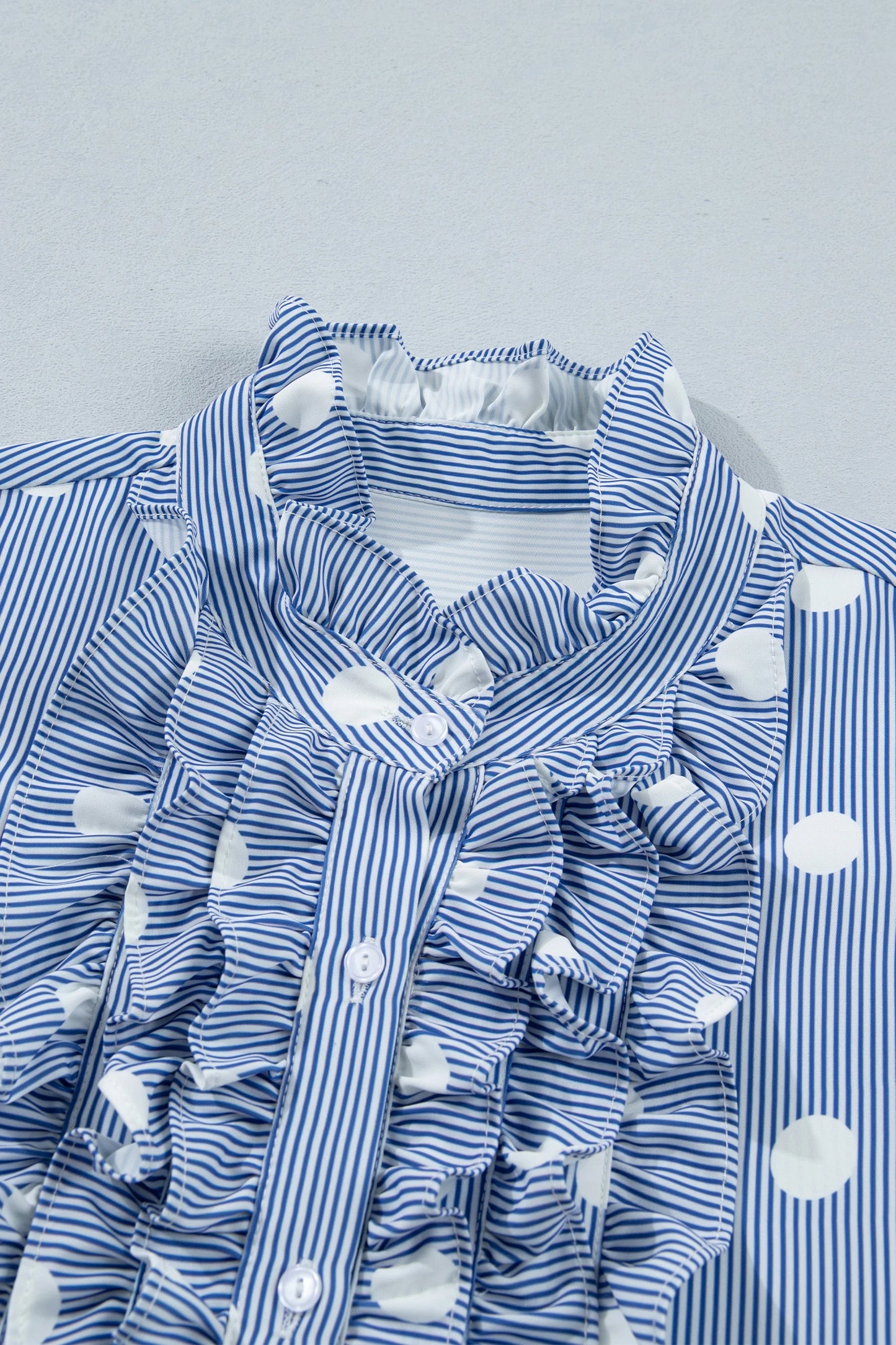 Sky Blue Stripe Contrast Polka Dot Print Pleated Ruffle Sleeve Shirt