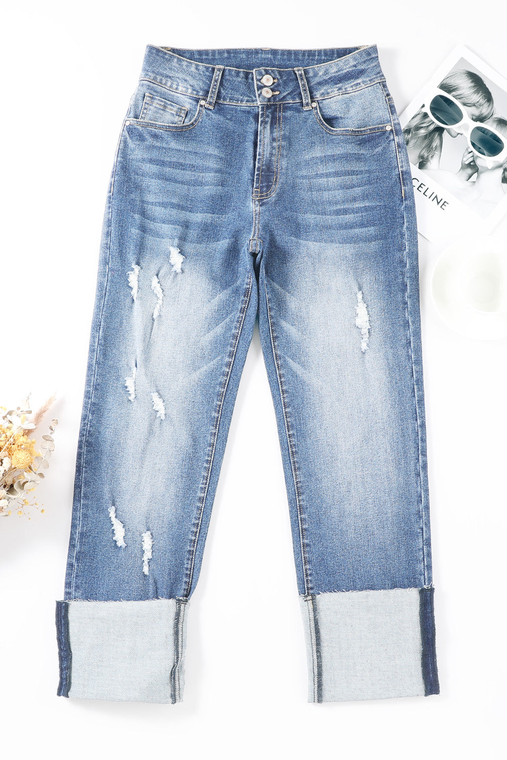 Sky Blue High Waist Distressed Straight Leg Jeans
