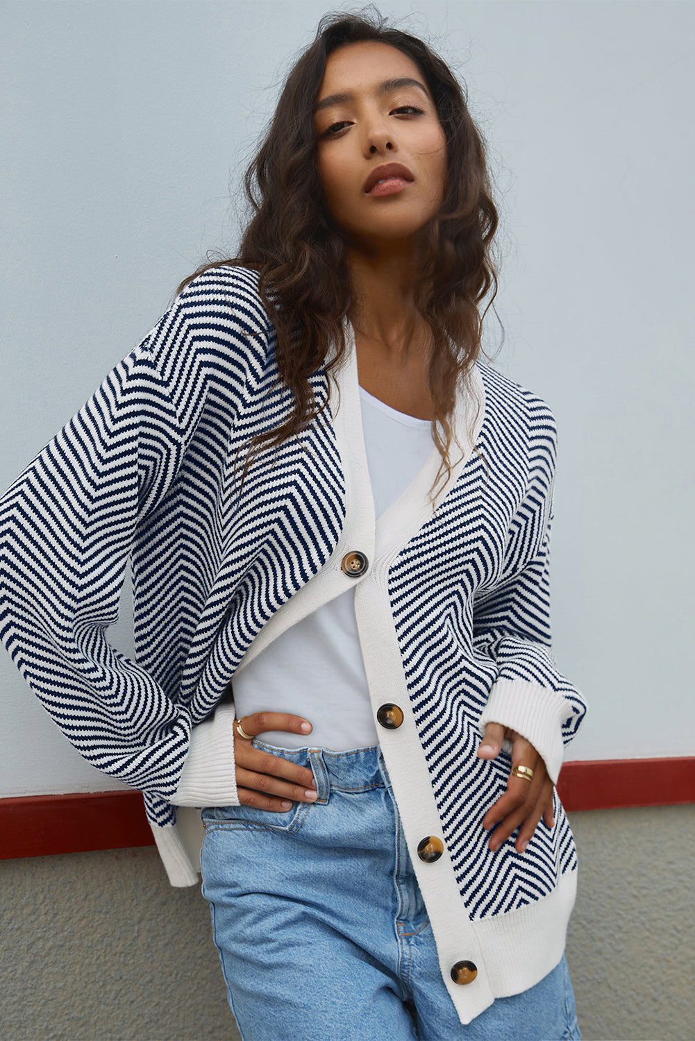 Blue Stripe Buttoned Front V Neck Herringbone Cardigan