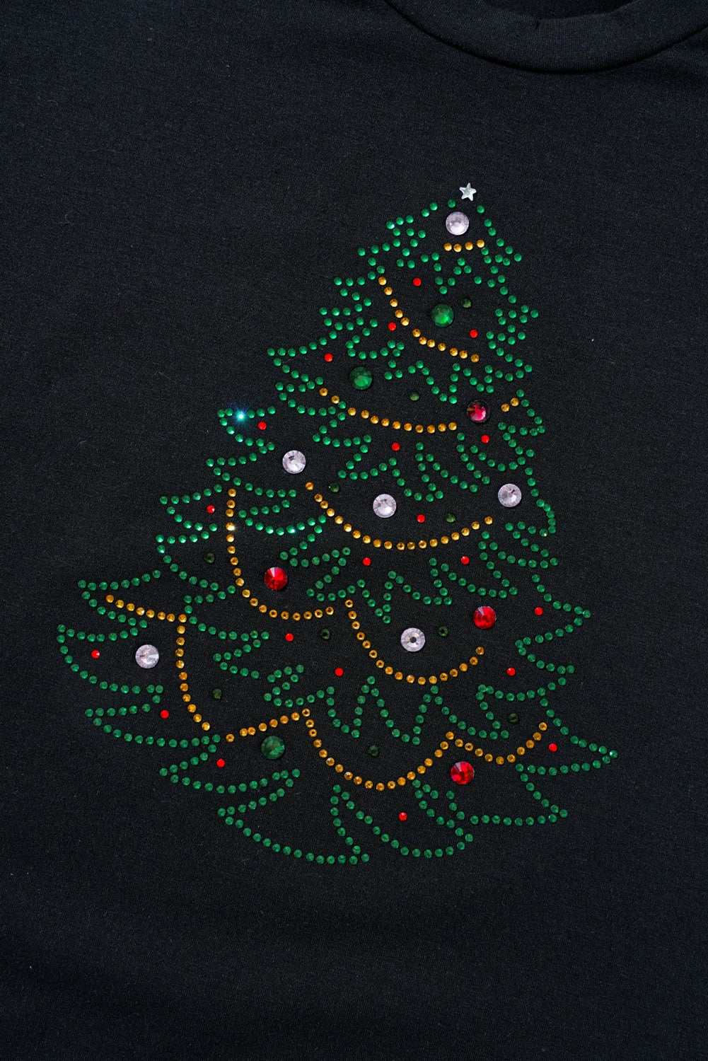 Black Rhinestone Christmas Tree Round Neck Graphic Tee