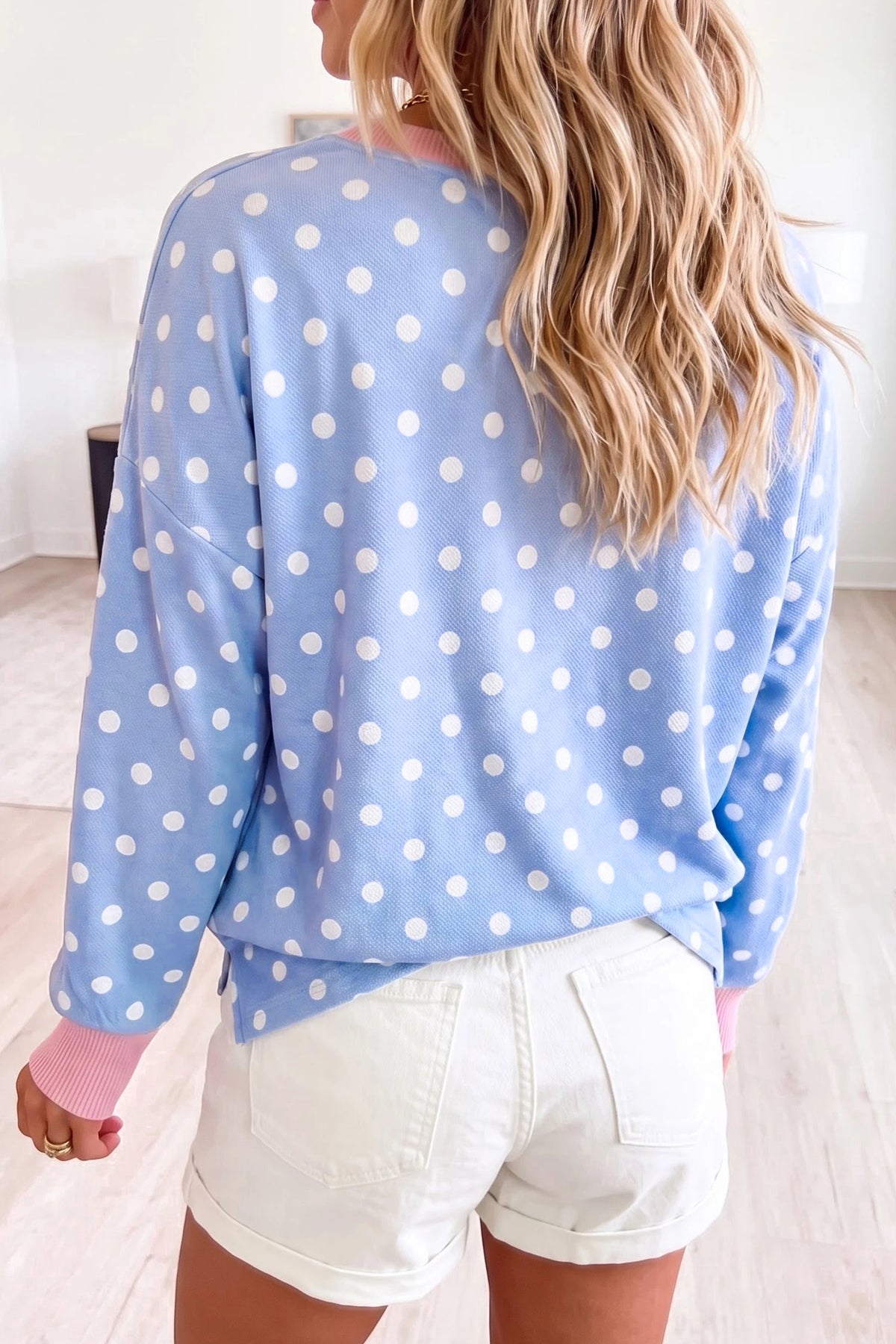 Sky Blue Polka Dot Print Ribbed Color Block Trim Half Button Long Sleeve Shift Top