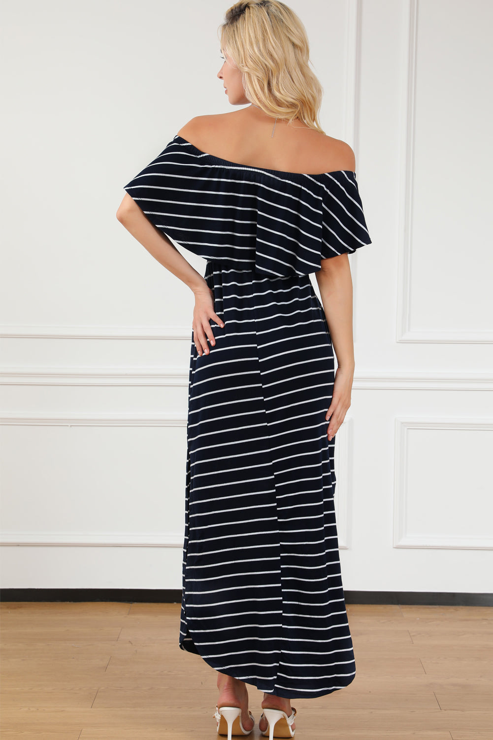 Blue Striped Print Ruffled High Waist Maxi Dress with Side Splits