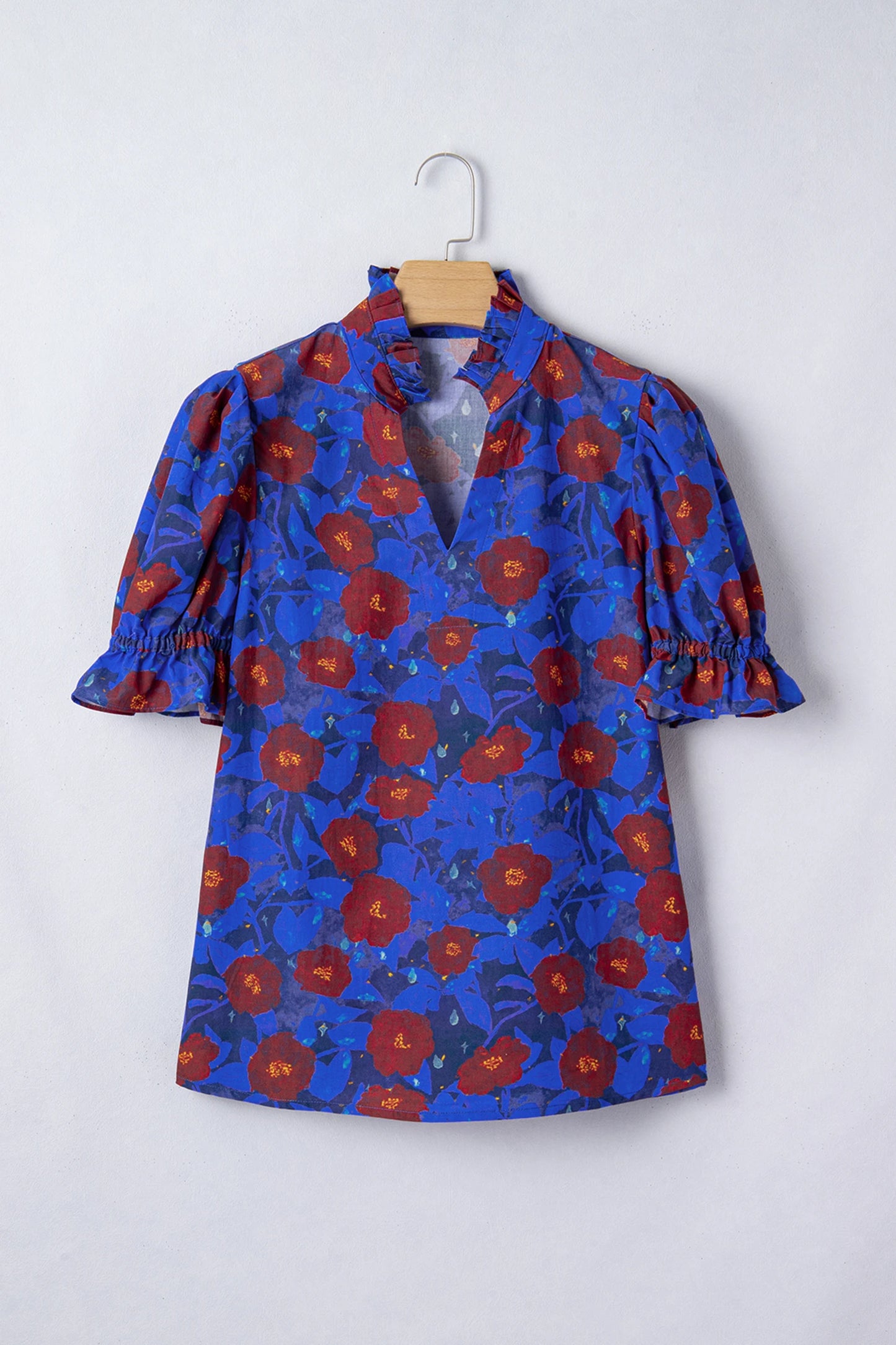 Blue Ruffled Short Balloon Sleeve Frilled V Neck Floral Blouse