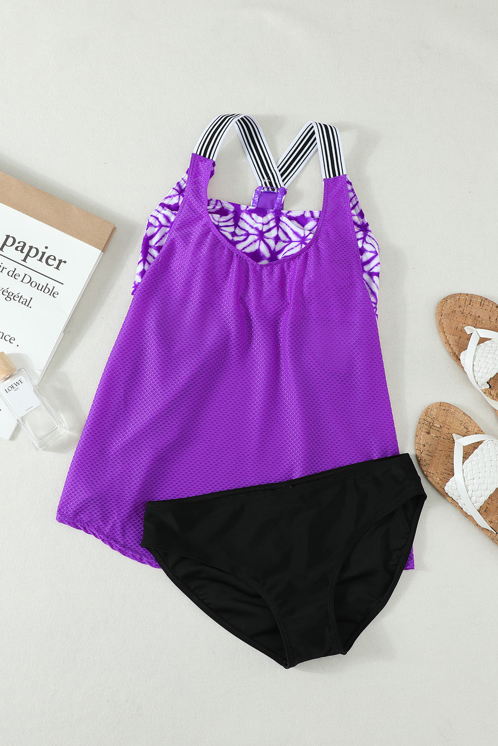 Purple Black Black Orange Printed Splicing Racerback Tankini