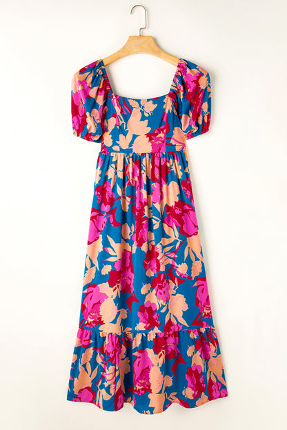 Dark Blue Square Neck Bubble Sleeve Ruffled Floral Dress