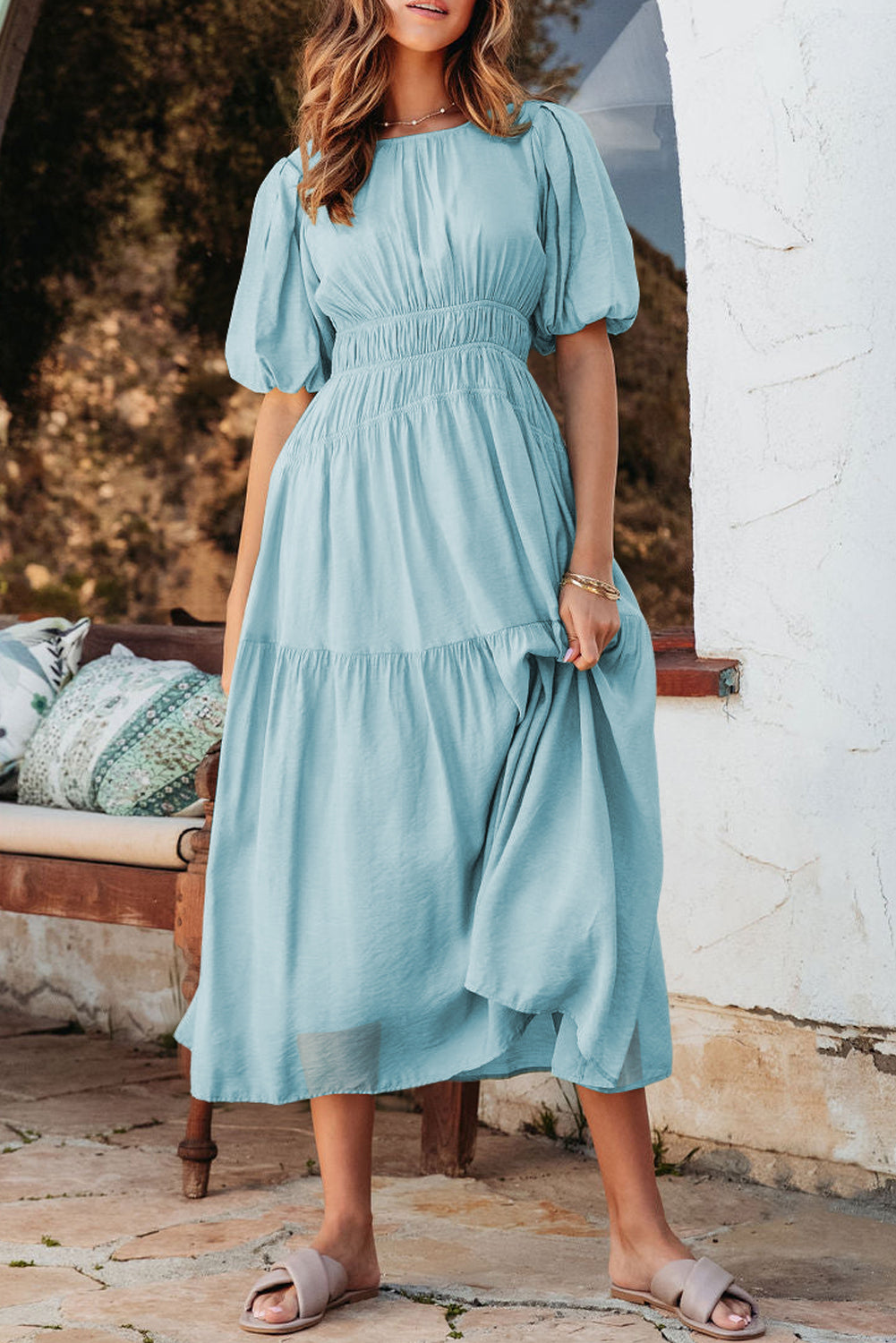 Light Blue Puff Sleeve Pleated High Waist Flowy Long Dress The Perfect Touch SA Light Blue Puff Sleeve Pleated High Waist Flowy Long Dress The Perfect Touch SA