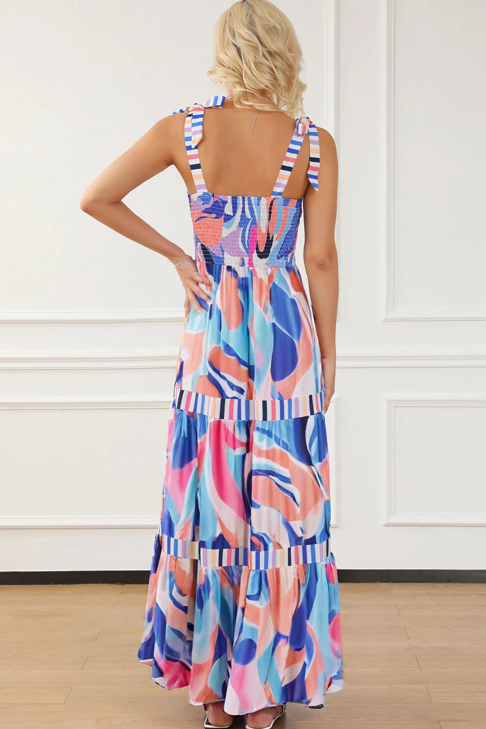 Sky Blue Abstract Print Striped Detail Knot Strap Maxi Dress