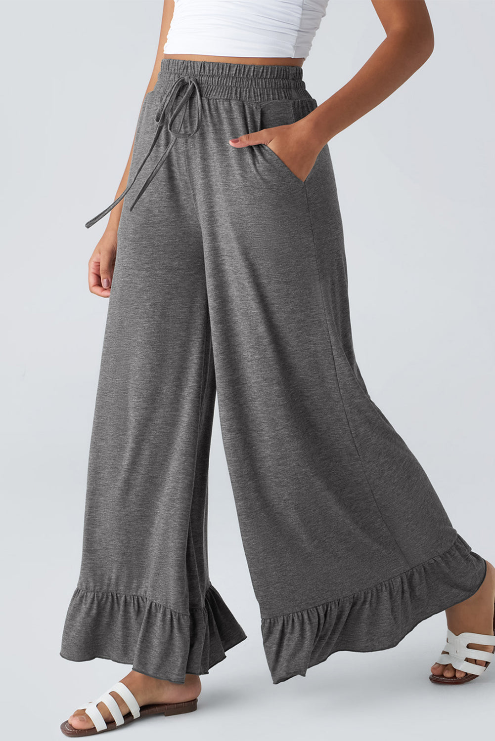 Ruffled Wide Leg Pull On High Waist Pants with Pockets