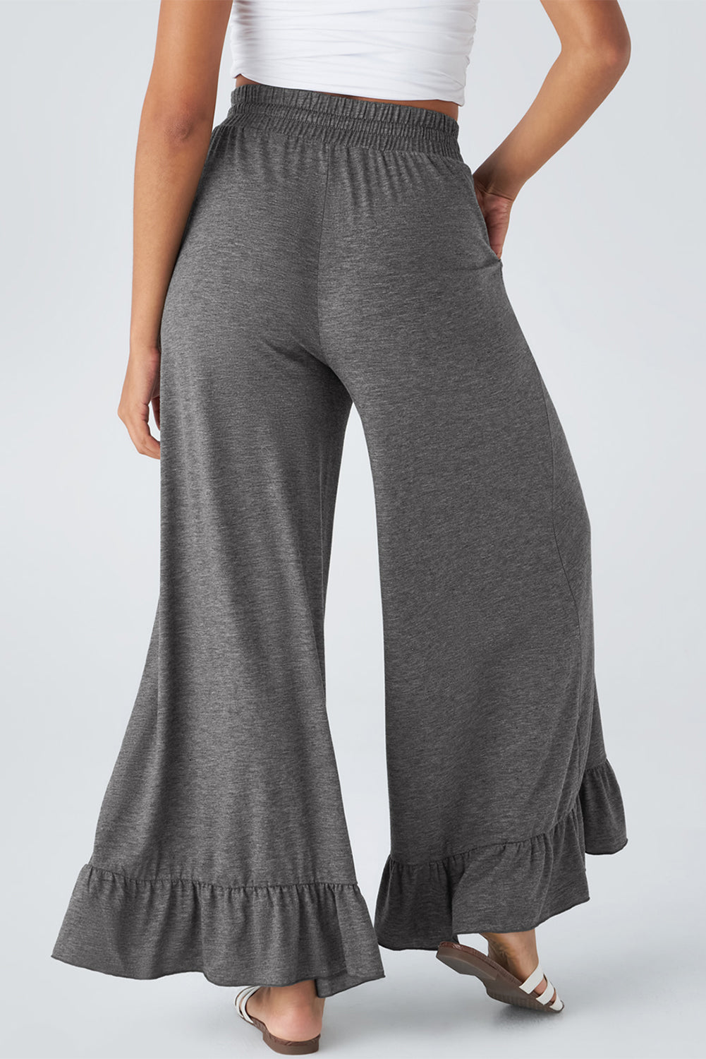 Ruffled Wide Leg Pull On High Waist Pants with Pockets