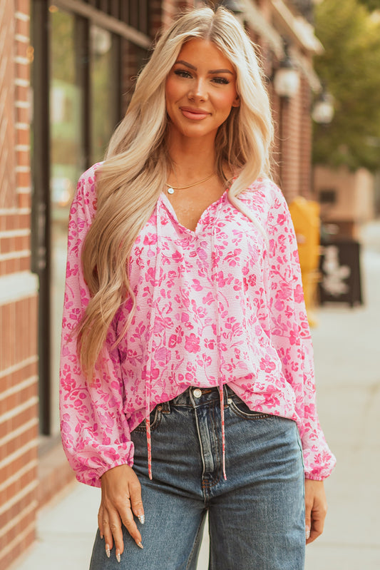 Pink Floral Puff Sleeve Split Neck Lightweight Blouse