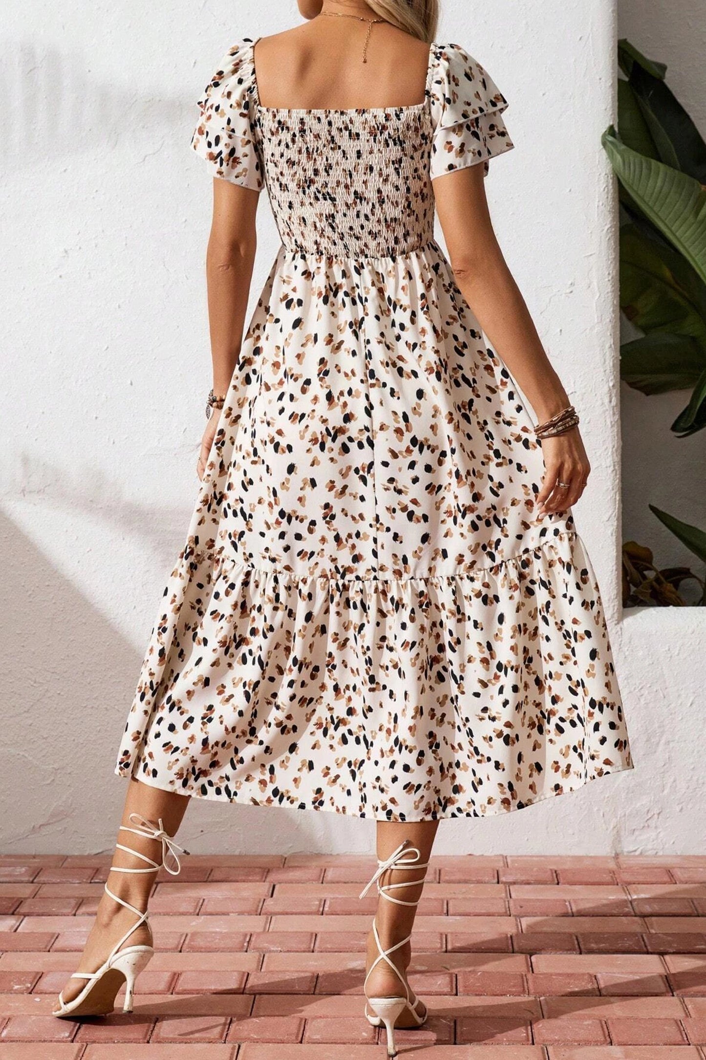Beige Print Smocked Square Neck Ruffle Short Sleeve Dress