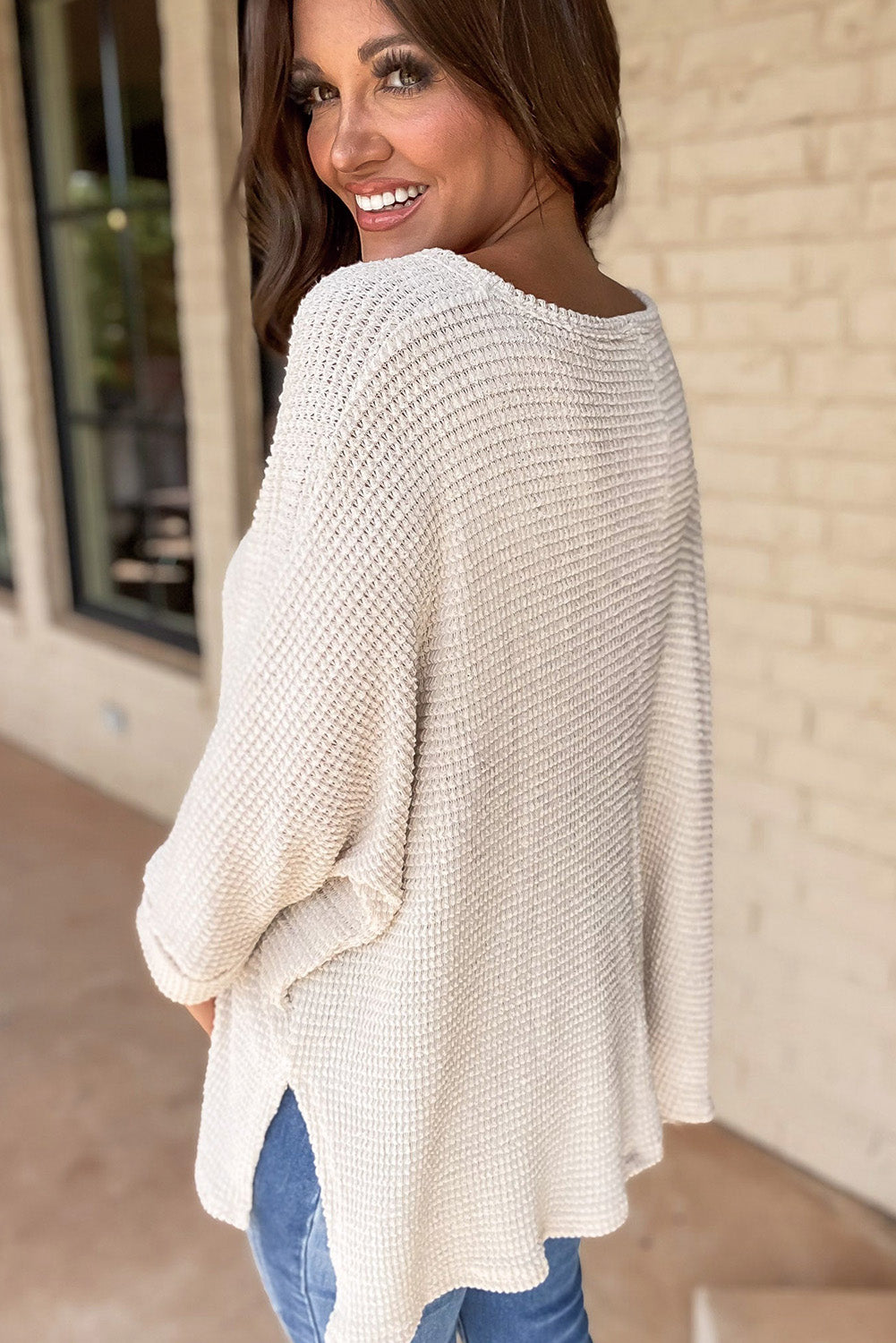 Waffle Knit Side Slits Loose Fit V N