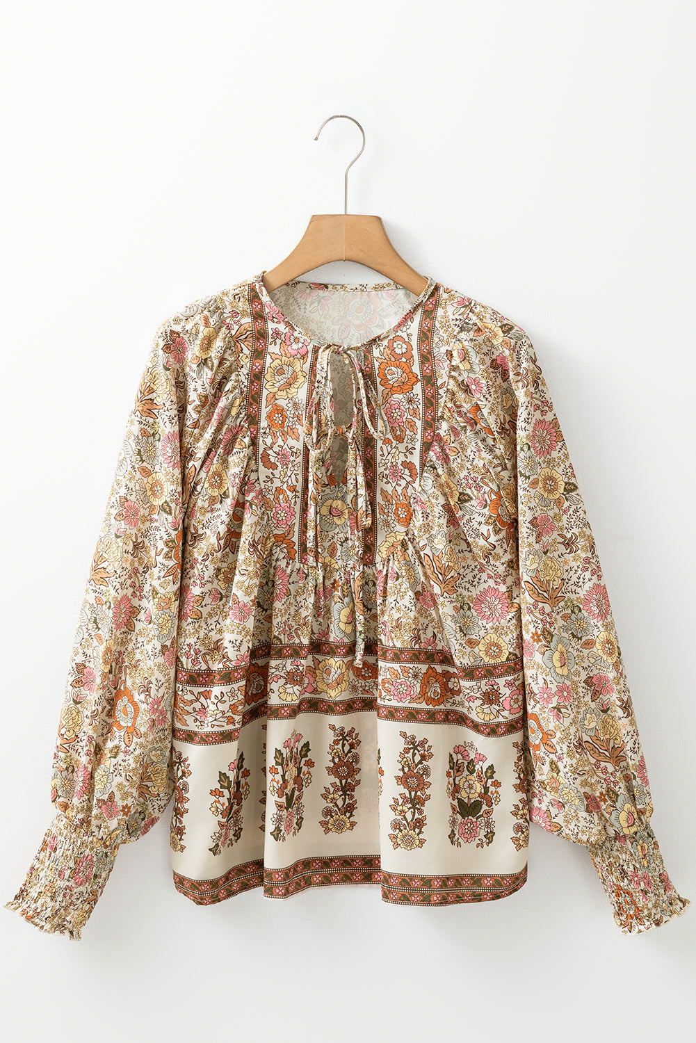 Floral Print Tie Neck Lantern Sleeve Blouse