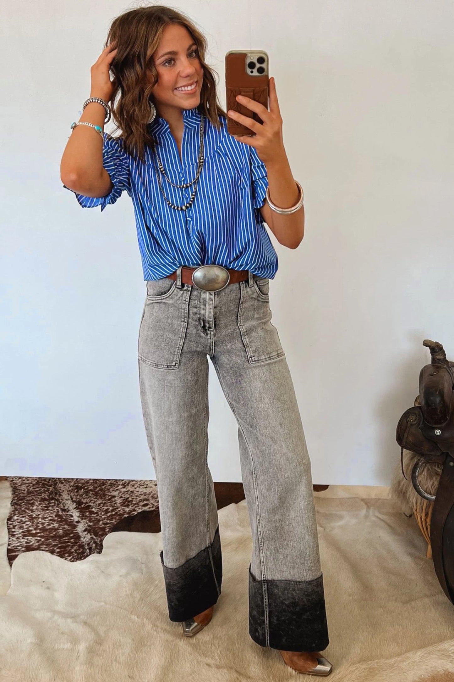 Stripe Ruffled Short Puff Sleeve Button Front Blouse