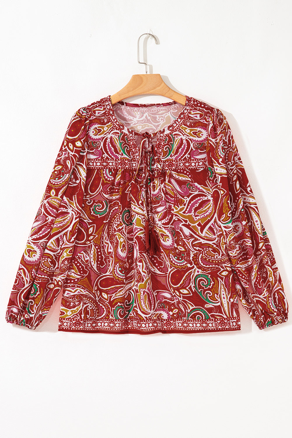 Multicolour Ethnic Paisley Print Tassel Tie Puff Sleeve Boho Blouse
