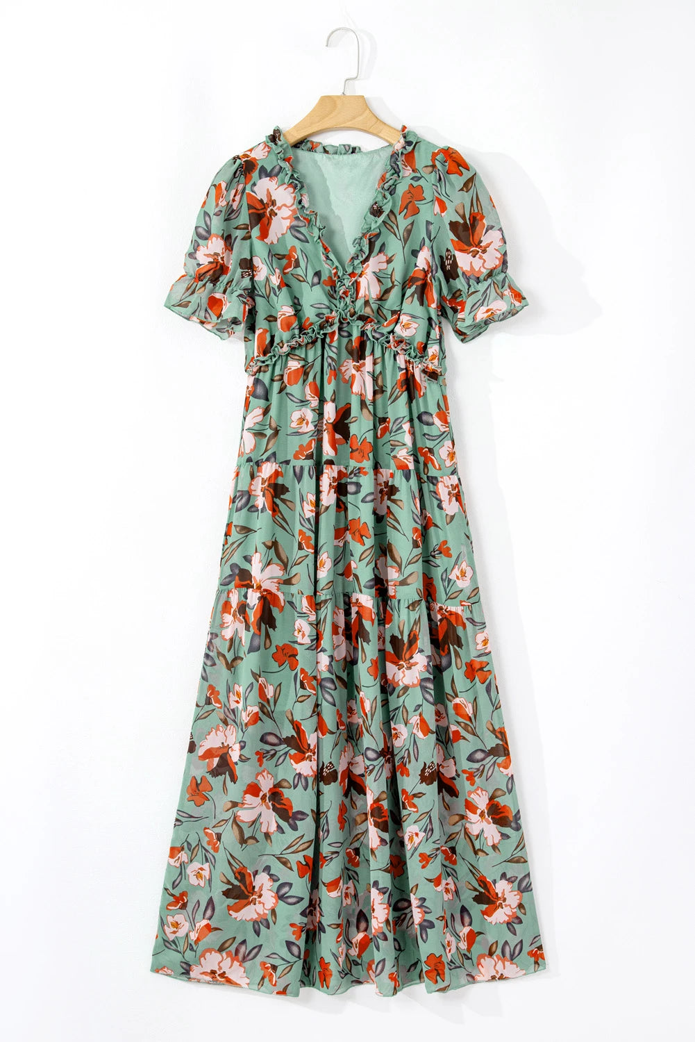 Green Fiery Floral Print Frilled V Neck Short Sleeve Maxi Dress
