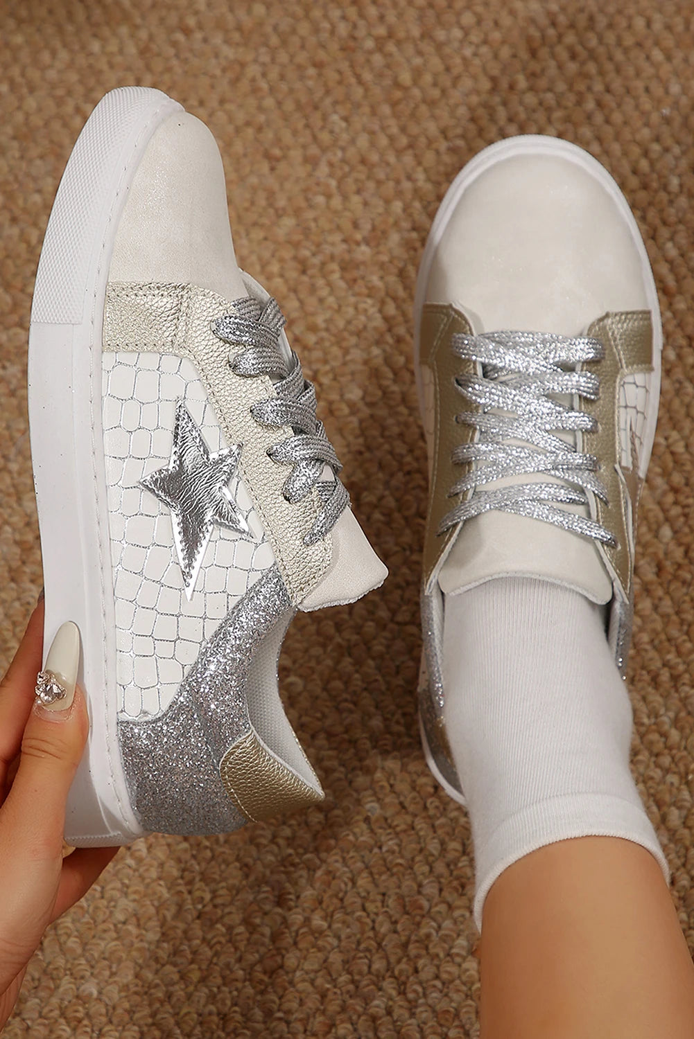 Silvery Glitter Star Patchwork PU Leather Lace-up Sneakers