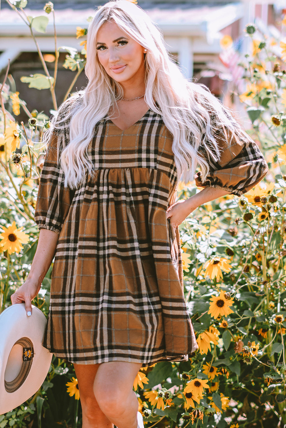 Brown Plaid Pattern Empire Waist Babydoll Dress The Perfect Touch SA Brown Plaid Pattern Empire Waist Babydoll Dress The Perfect Touch SA