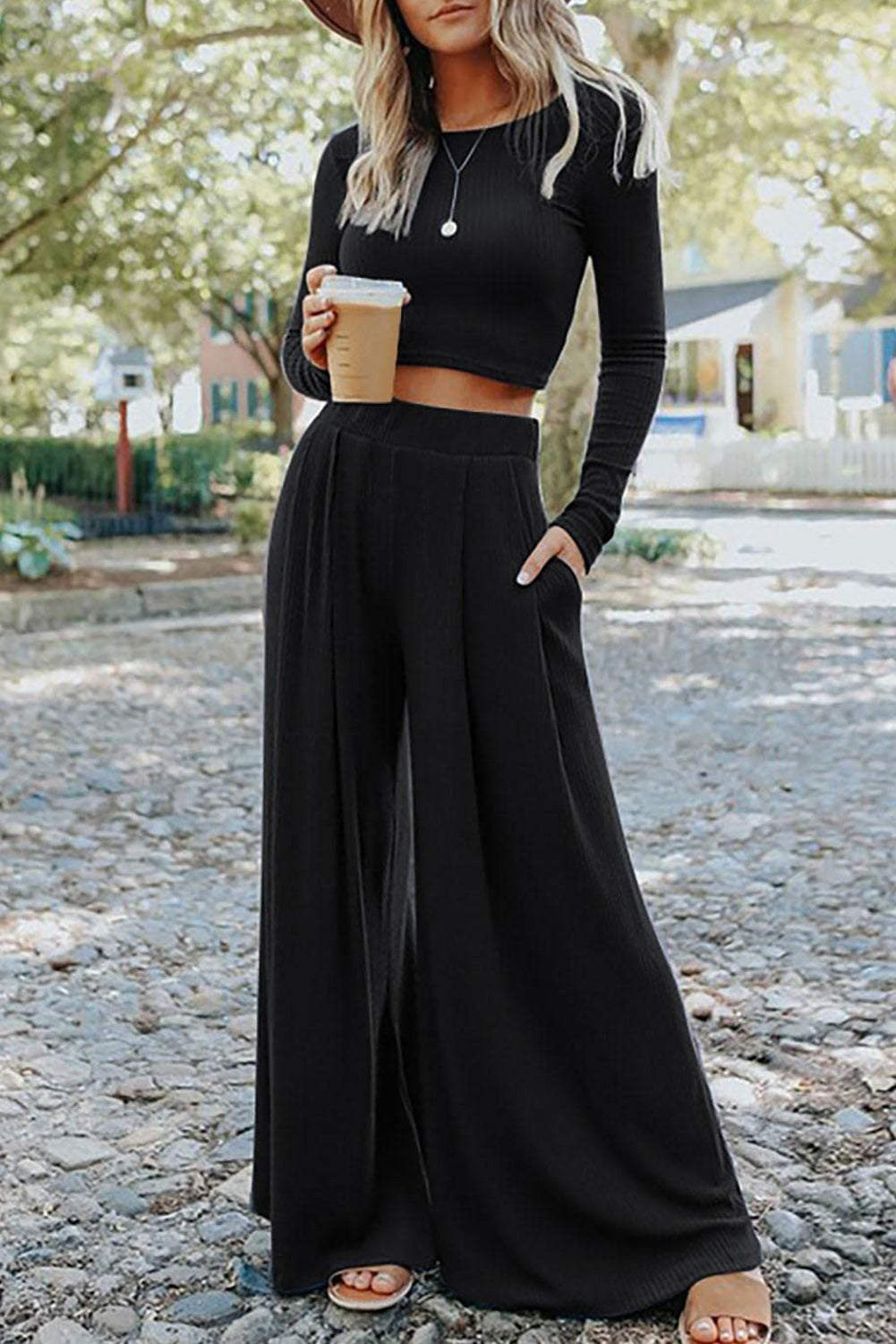 Black Solid Color Ribbed Crop Top Long Pants Set The Perfect Touch SA