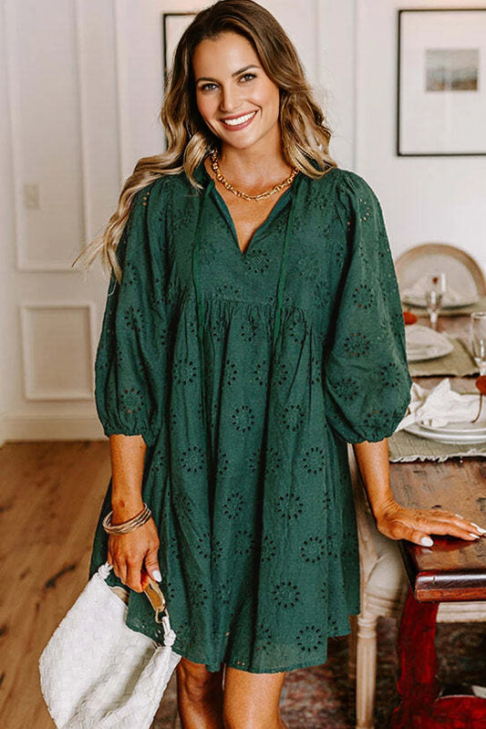 Blackish Green Embroidered Eyelet Pattern 3/4 Puffy Sleeve Swing Mini Dress