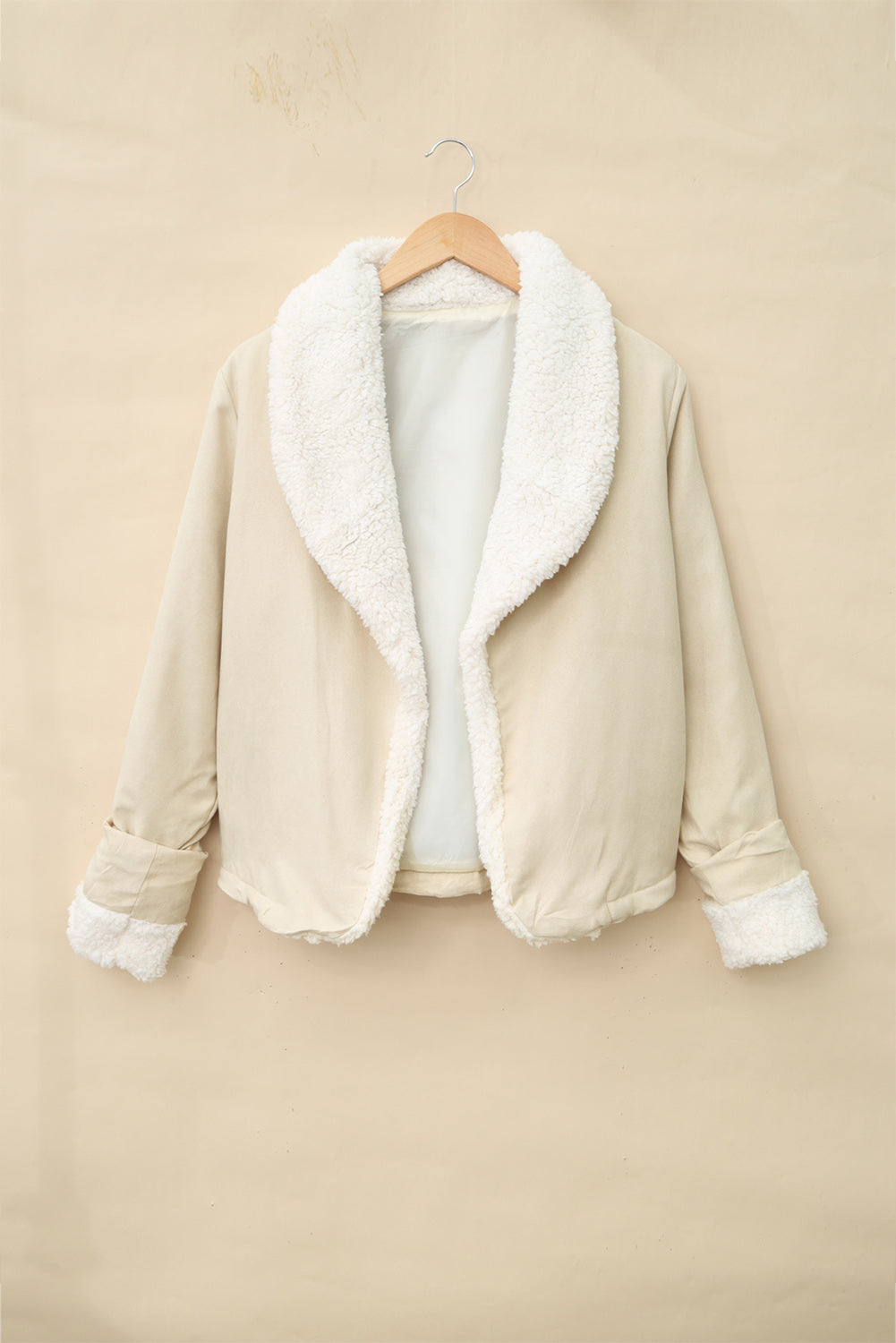 Apricot Lapel Collar Fleece Open Front Coat