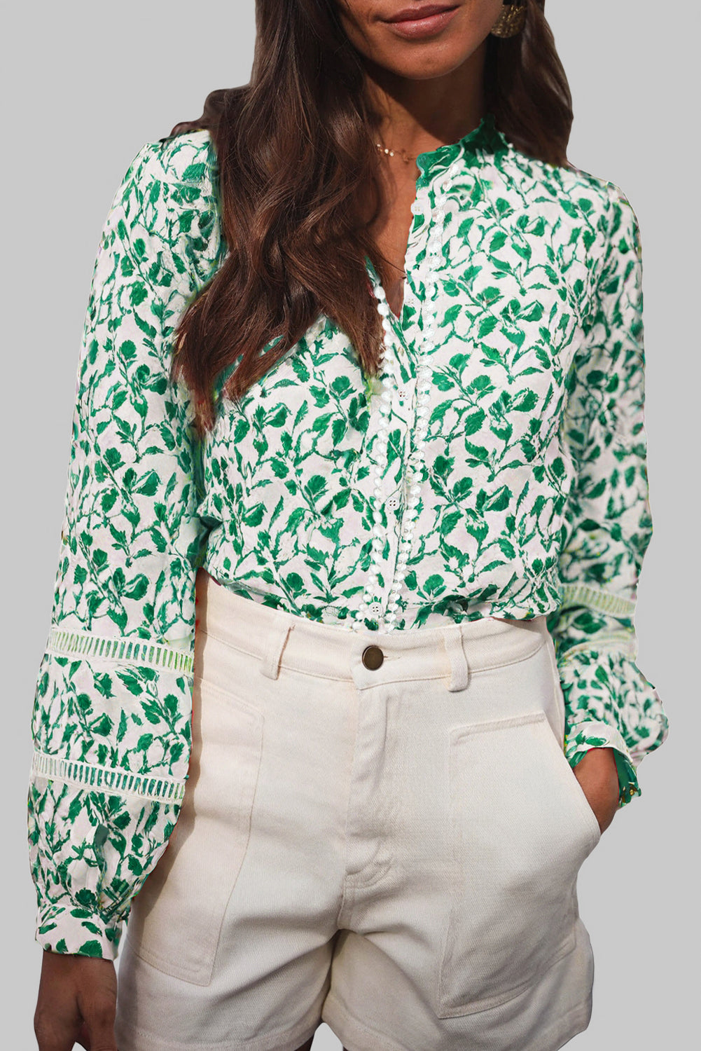 Printed Lace Detail Floral Puff Sleeve Fall Shirt