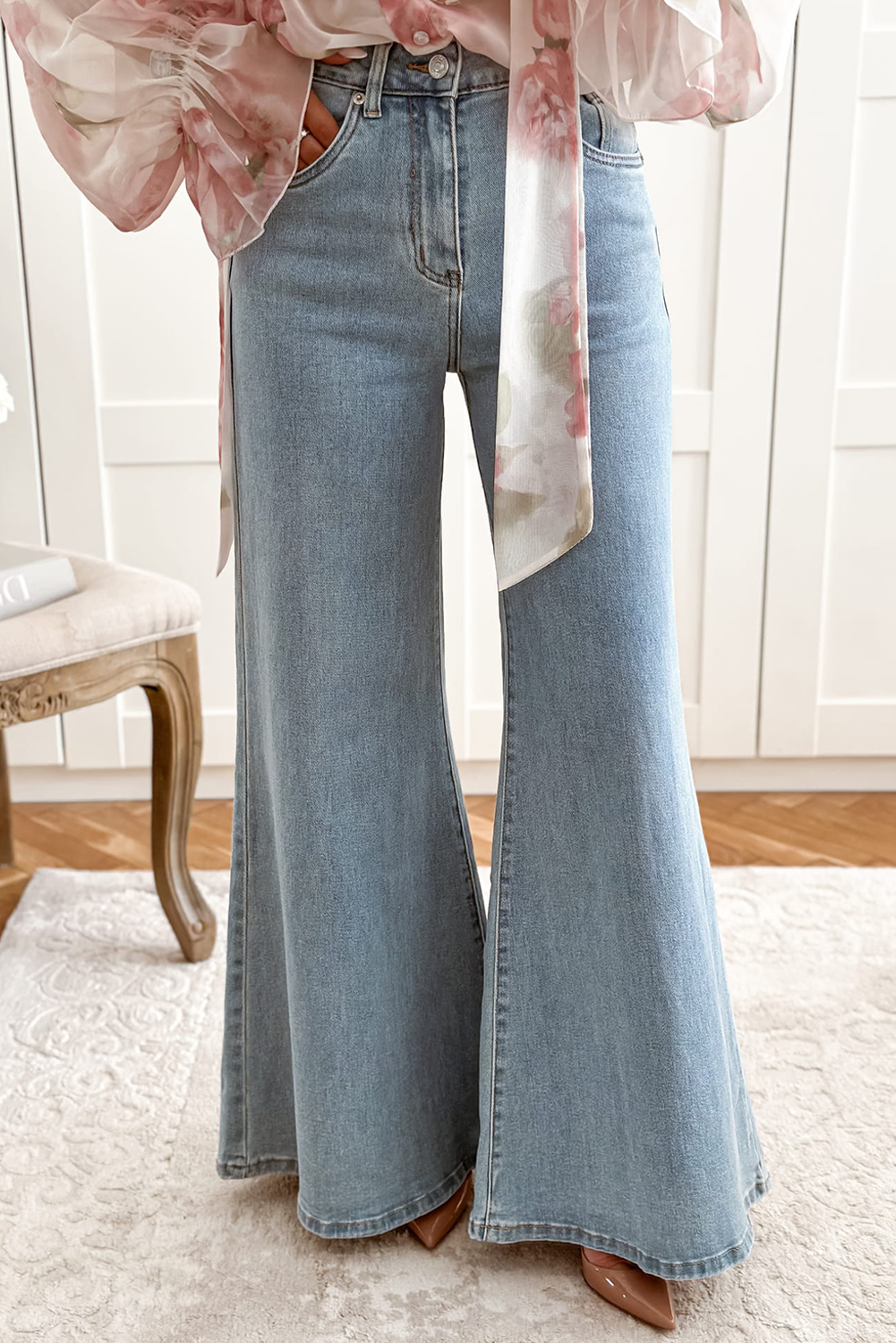 Beau Blue High Waist Button Zip Fly Bell Bottom Jeans