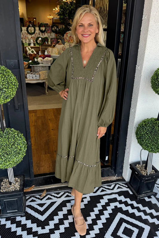 Collared V Neck Smocked Detail Contrast Leopard Trim Bracelet Sleeve Long Dress